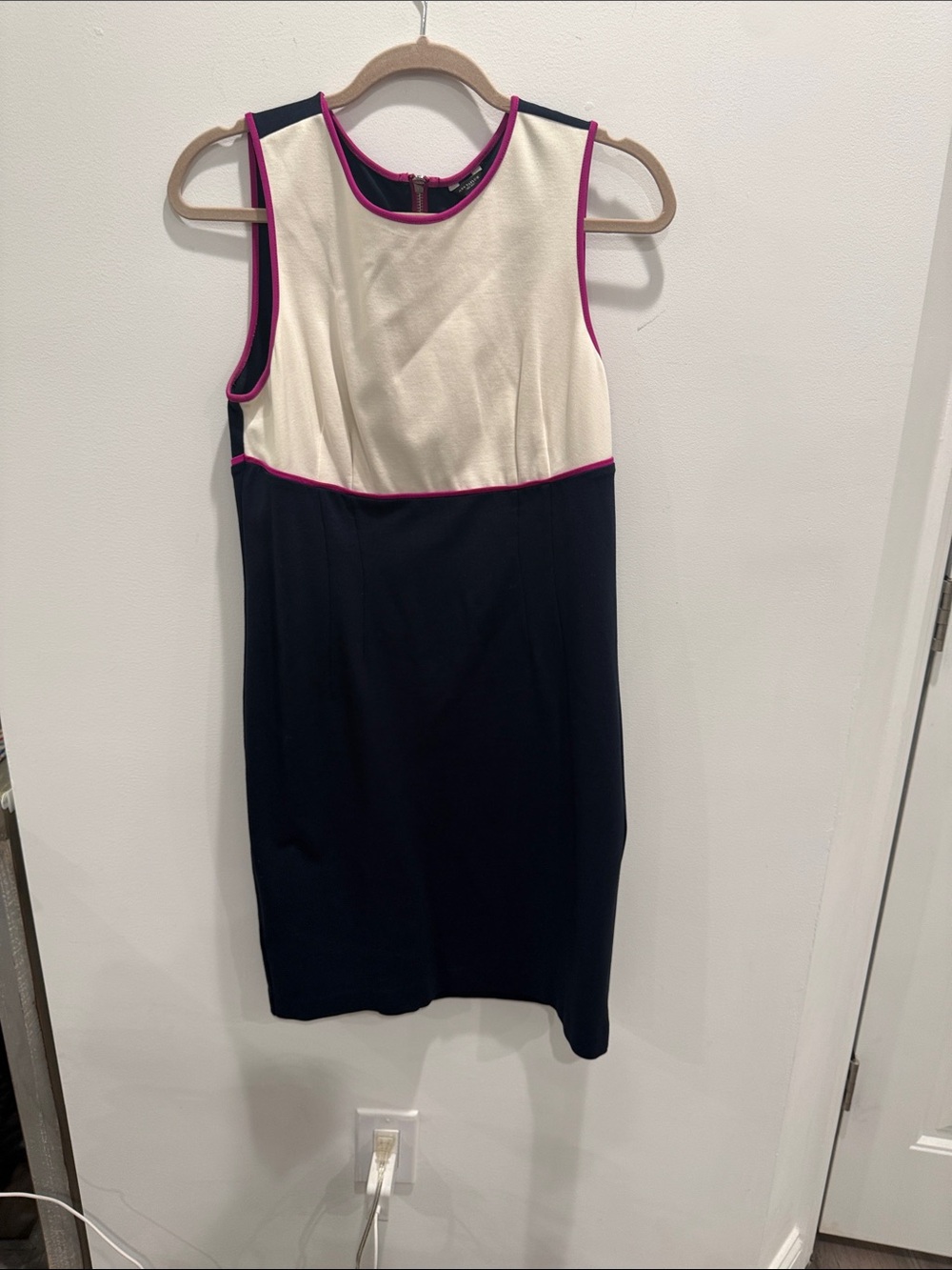 Ann Taylor Ivory and Navy Sheath Dress with Pink Trim